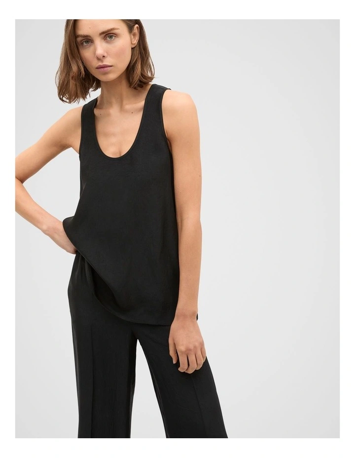 Crinkled Satin Longline Tank in Black image 1