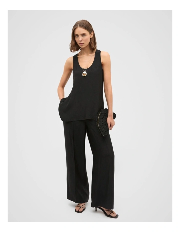 Crinkled Satin Longline Tank in Black image 3