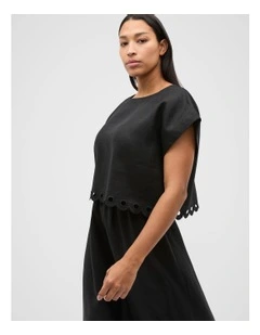 Linen Embroidered Tee in Black
