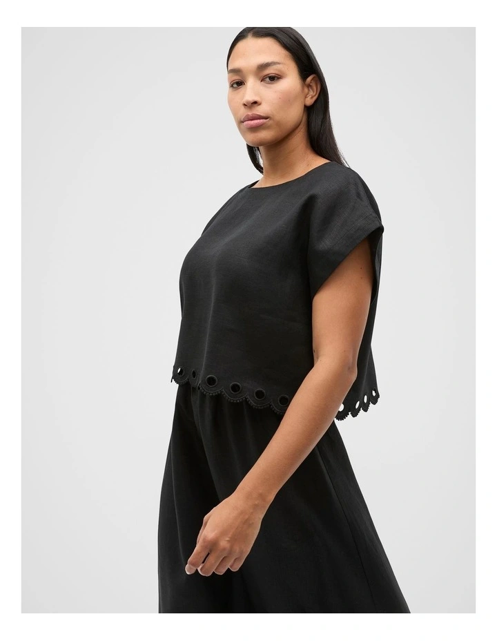 Linen Embroidered Tee in Black image 1