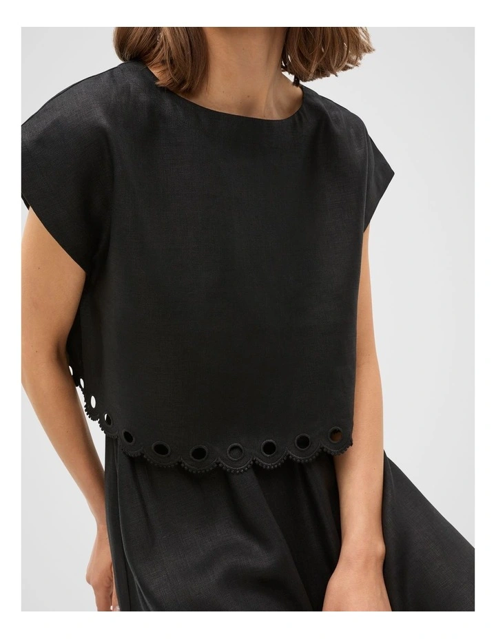 Linen Embroidered Tee in Black image 7