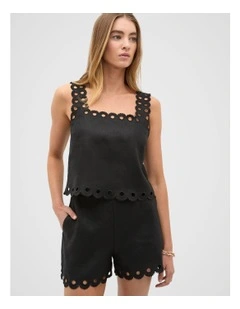 Linen Embroidered Crop Tank in Black