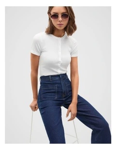 Rib Button Through Top in White