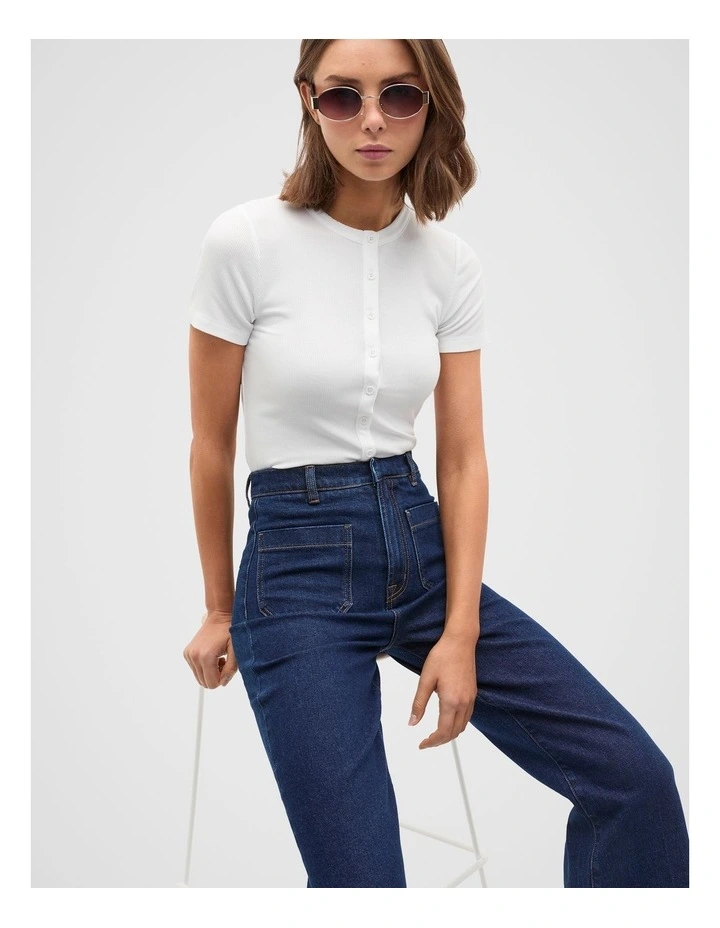 Rib Button Through Top in White image 1