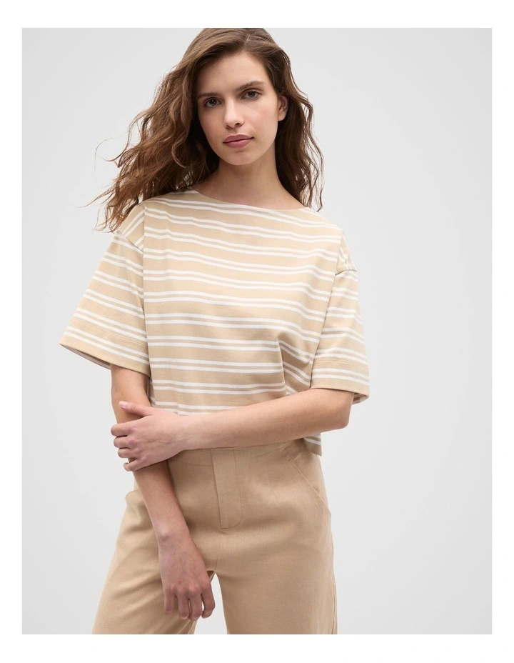 Cotton Boxy Split Hem Tee in Ecru Stripe image 1