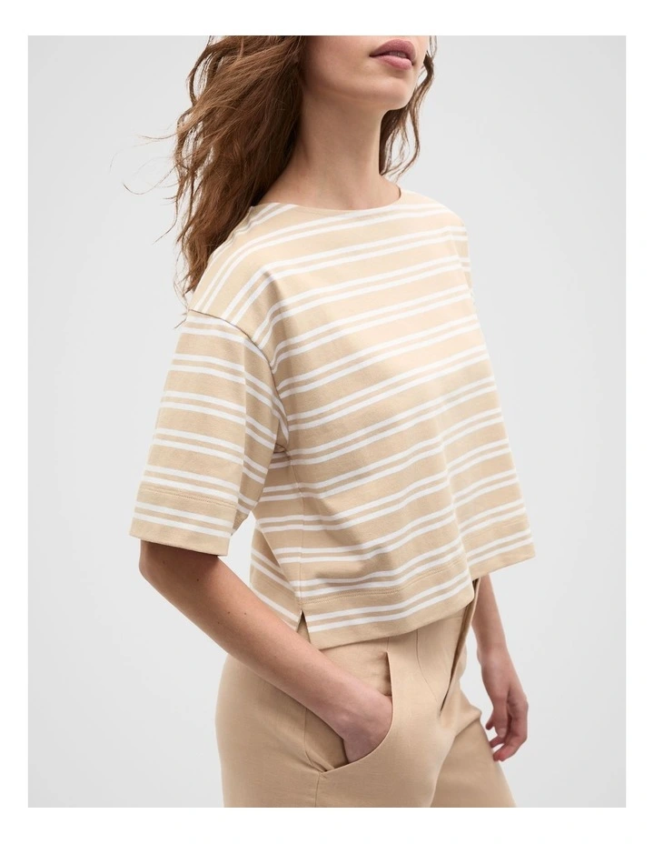 Cotton Boxy Split Hem Tee in Ecru Stripe image 3