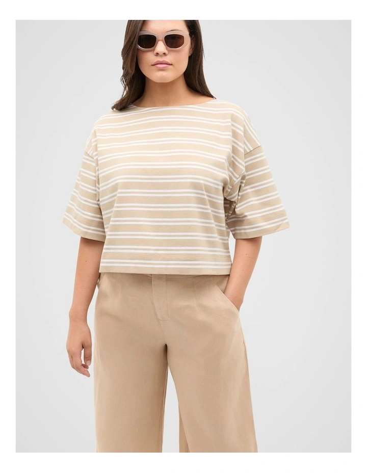 Cotton Boxy Split Hem Tee in Ecru Stripe image 5
