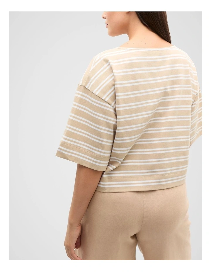 Cotton Boxy Split Hem Tee in Ecru Stripe image 7