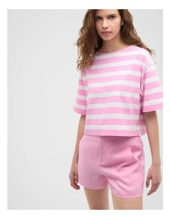 Cotton Boxy Split Hem Tee in Fairy Floss Stripe