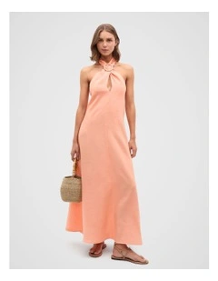 Linen Halter Ring Maxi Dress in Tangerine