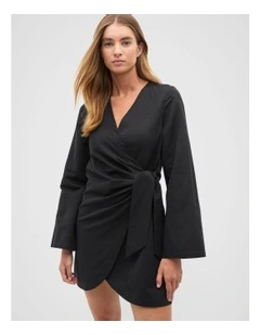 Tie Waist Wrap Mini Dress in Black