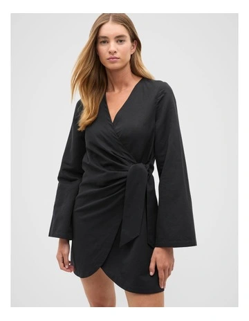 Tie Waist Wrap Mini Dress in Black