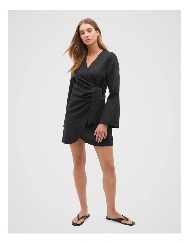 Tie Waist Wrap Mini Dress in Black image 3