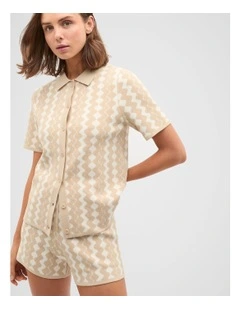 Jacquard Knit Polo Top in Ecru
