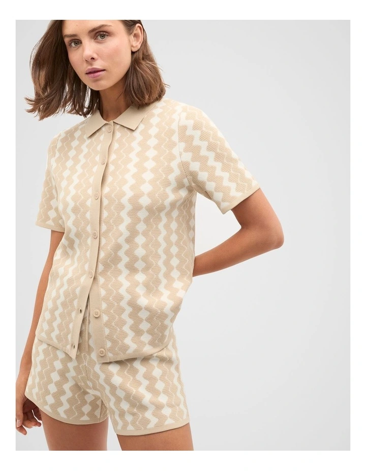 Jacquard Knit Polo Top in Ecru image 1