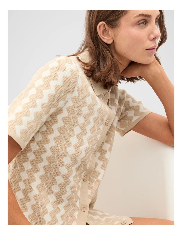 Jacquard Knit Polo Top in Ecru image 3