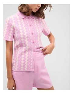 Jacquard Knit Polo Top in Fairy Floss