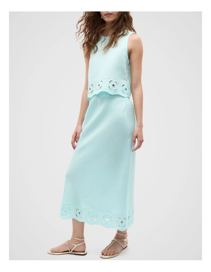 Retro Embroidered Hem Midi Skirt in Skyway image 1
