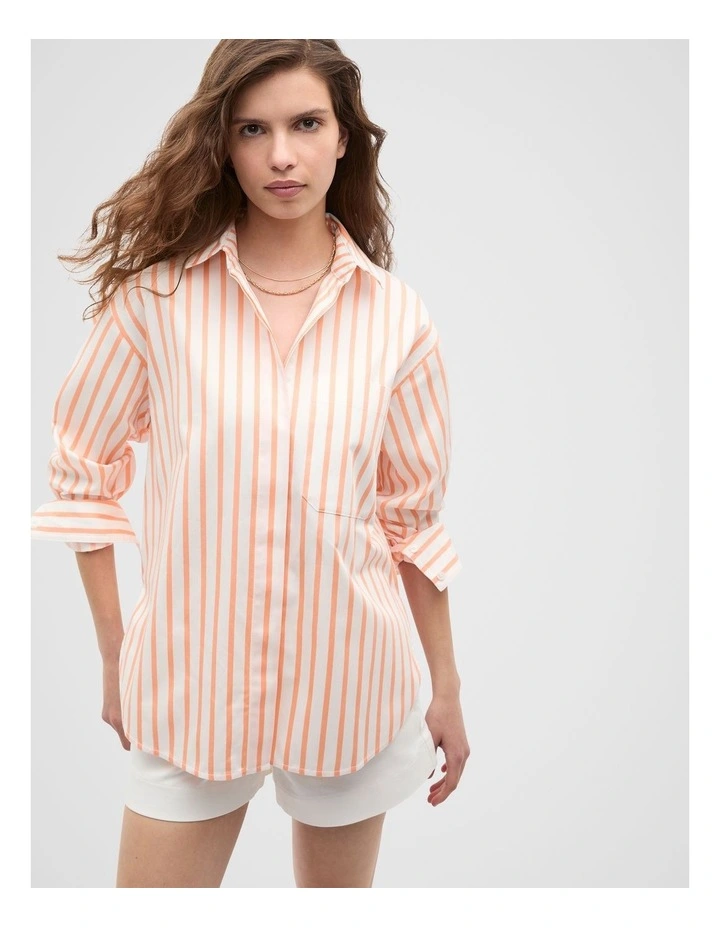 Cotton Stripe Pocket Shirt in Orange image 1