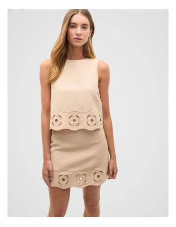 Retro Embroidered Hem Tank in Ecru