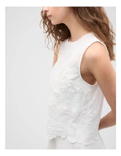 Floral Embroidered Tie Back Shell Top in White