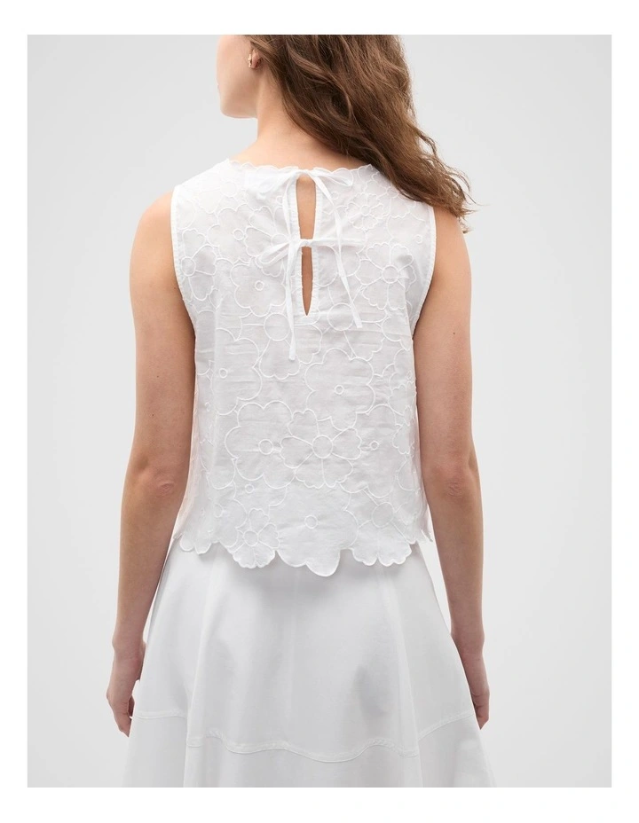 Floral Embroidered Tie Back Shell Top in White image 2