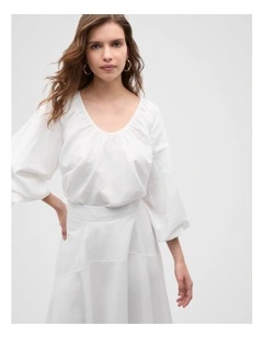 Scoop Neck Blouson Sleeve Top in White