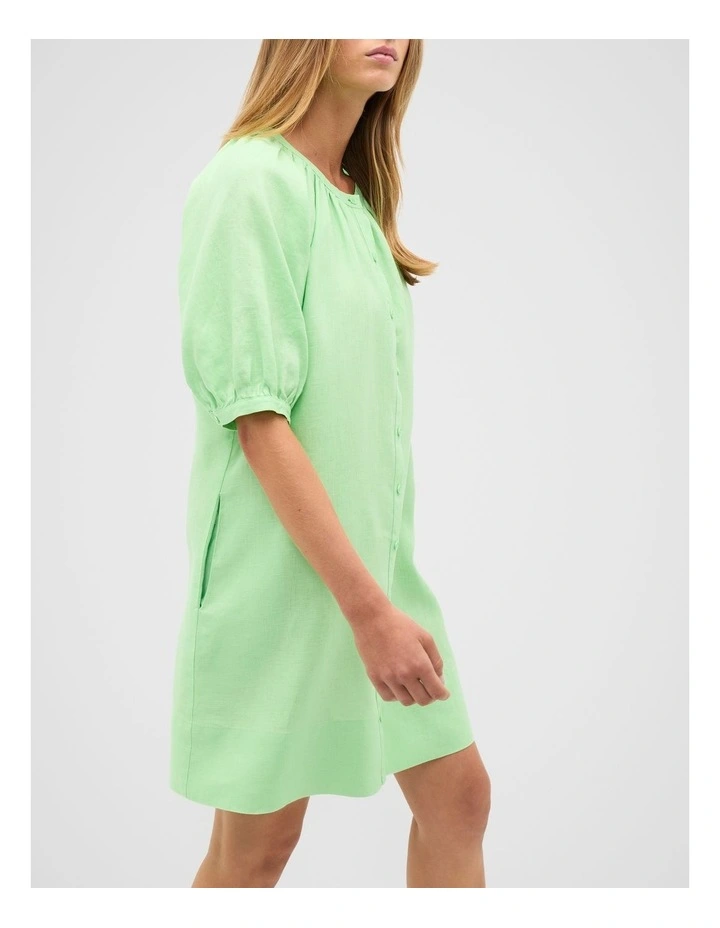 Linen Gathered Mini Dress in Green Apple image 1