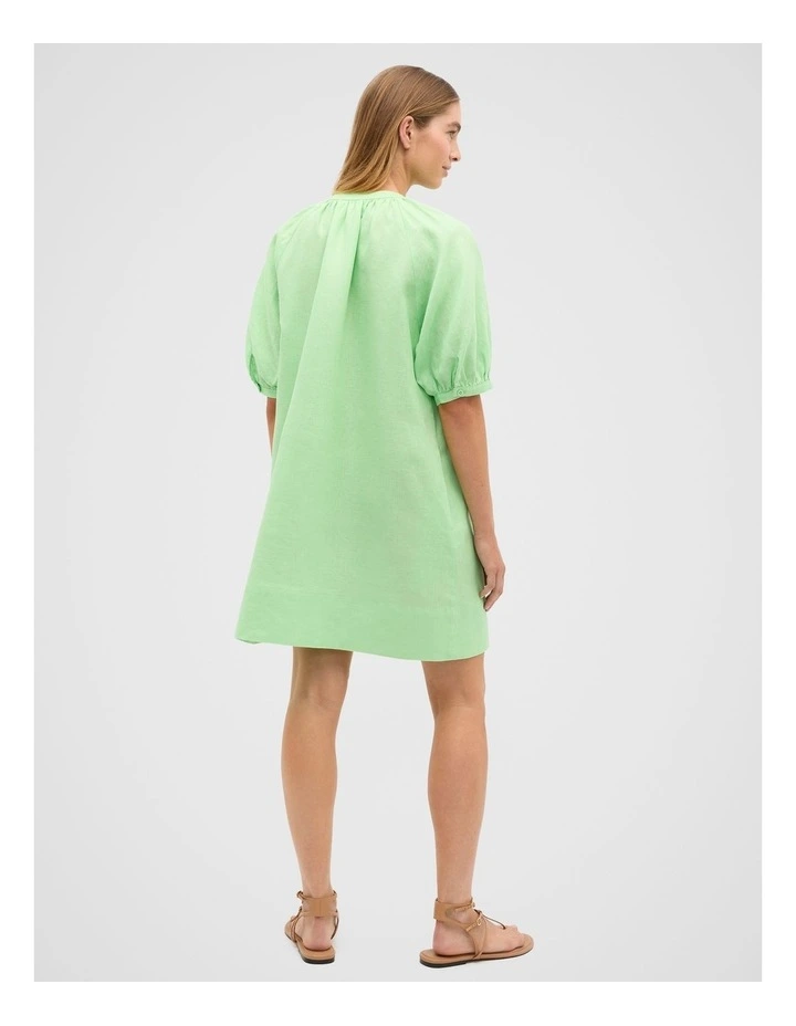 Linen Gathered Mini Dress in Green Apple image 2