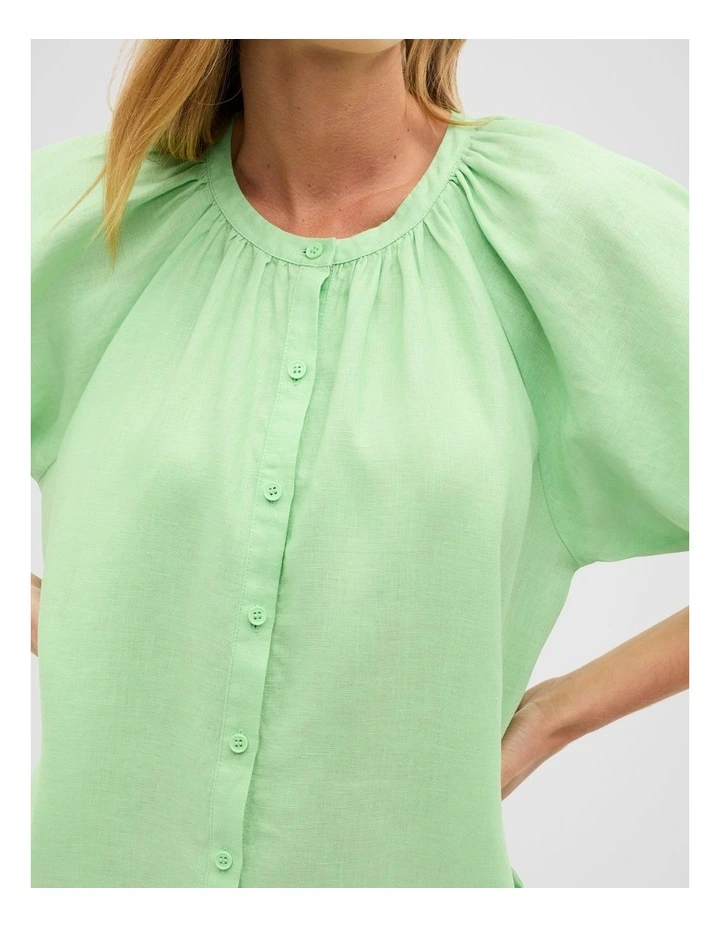 Linen Gathered Mini Dress in Green Apple image 3