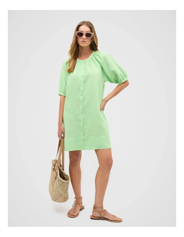 Linen Gathered Mini Dress in Green Apple image 4