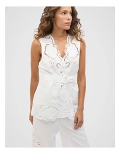 Cutwork Woven Belted Vest in White