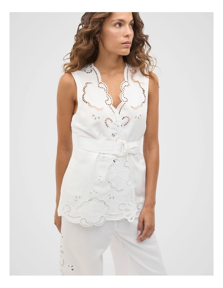 Cutwork Woven Belted Vest in White image 1
