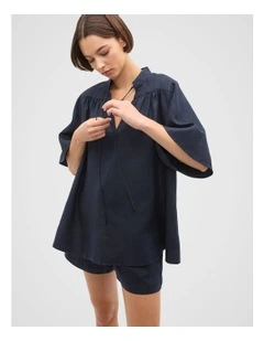 Linen Tie Detail Blouse in Twilight Blue