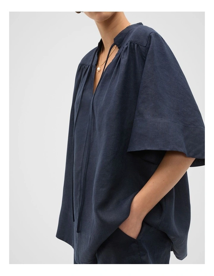 Linen Tie Detail Blouse in Twilight Blue image 3