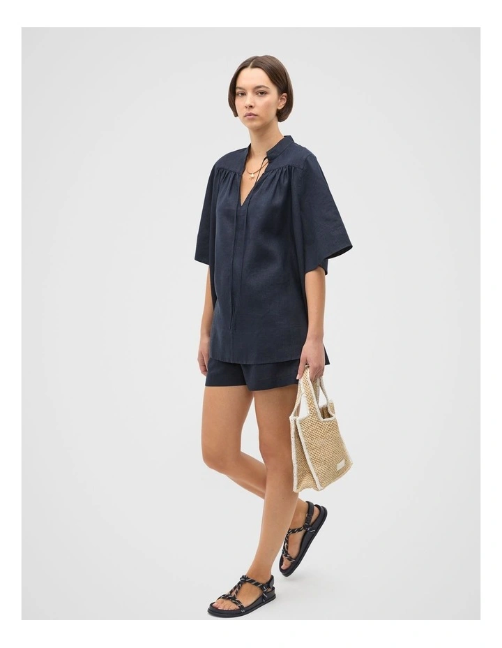 Linen Tie Detail Blouse in Twilight Blue image 4