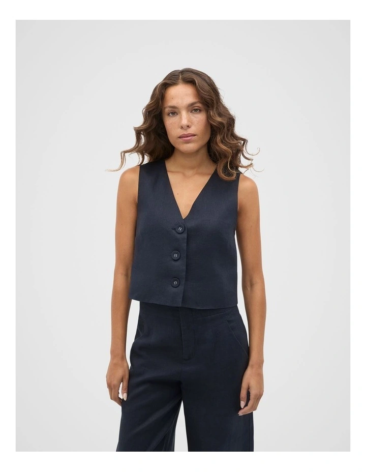 Linen V Neck Button Shell Vest in Blue image 1