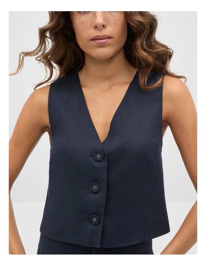 Linen V Neck Button Shell Vest in Blue image 4