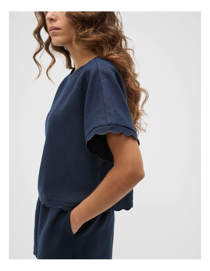Linen Wave Scallop Boxy Tee in Blue image 3