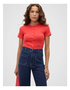 Rib Button Through Top in Red