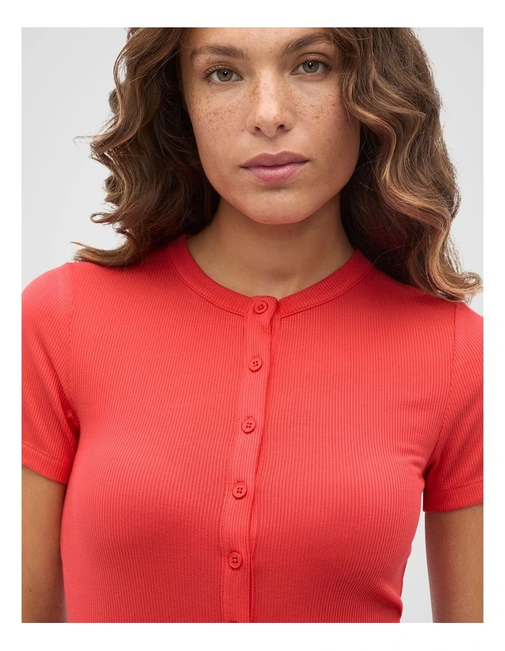 Rib Button Through Top in Red image 4