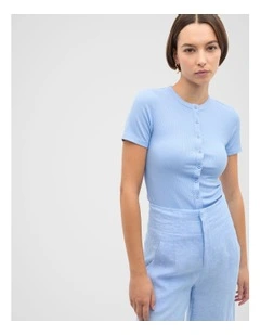 Rib Button Through Top in Blue