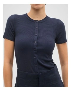 Rib Button Through Top in Twilight Blue