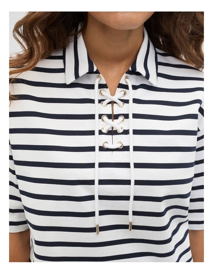 Stripe Tie Neck Polo in Blue image 3