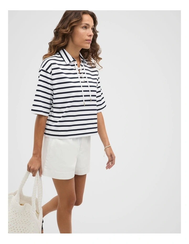 Stripe Tie Neck Polo in Blue image 4