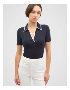 Contrast Rib Short Sleeve Polo in Blue