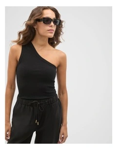 Rib One Shoulder Tank in Black