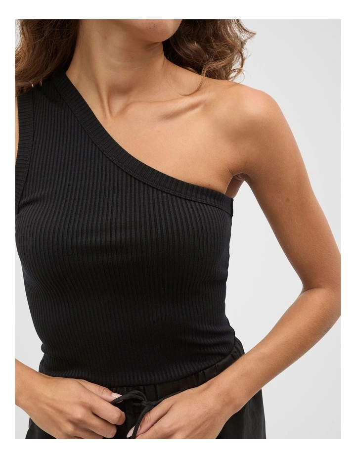 Rib One Shoulder Tank in Black image 4