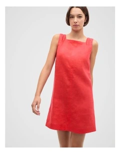 Linen Square Neck Mini Dress in Red