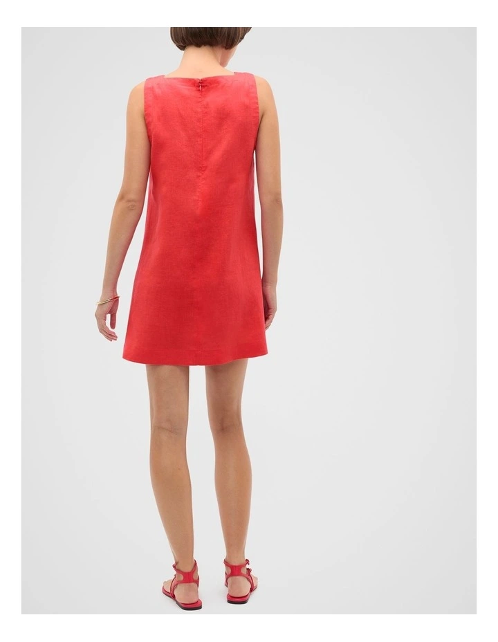 Linen Square Neck Mini Dress in Red image 2